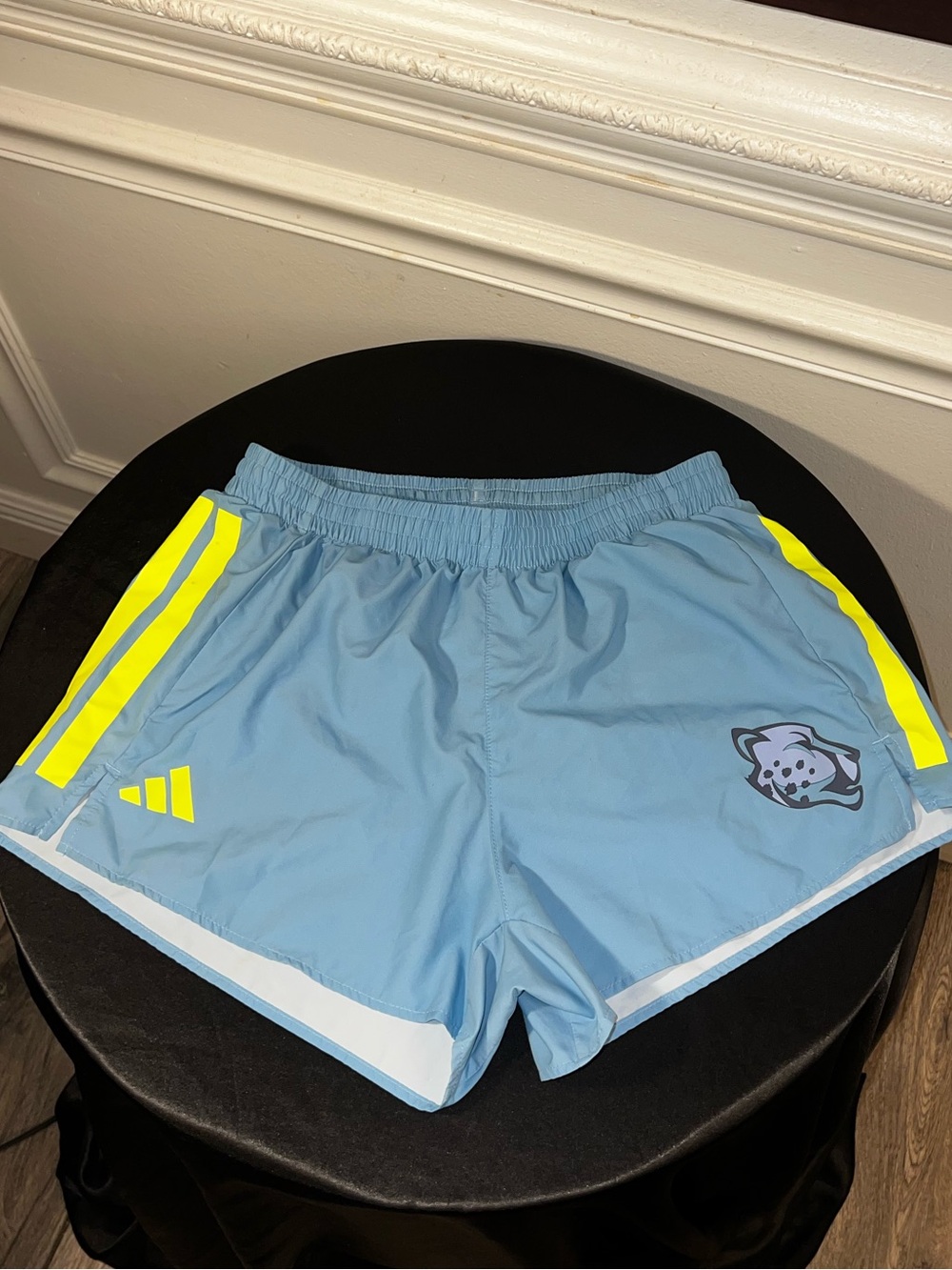 adidas Light Blue Athletic Shorts with Neon Yellow Accents size medium - Picture 2 of 10